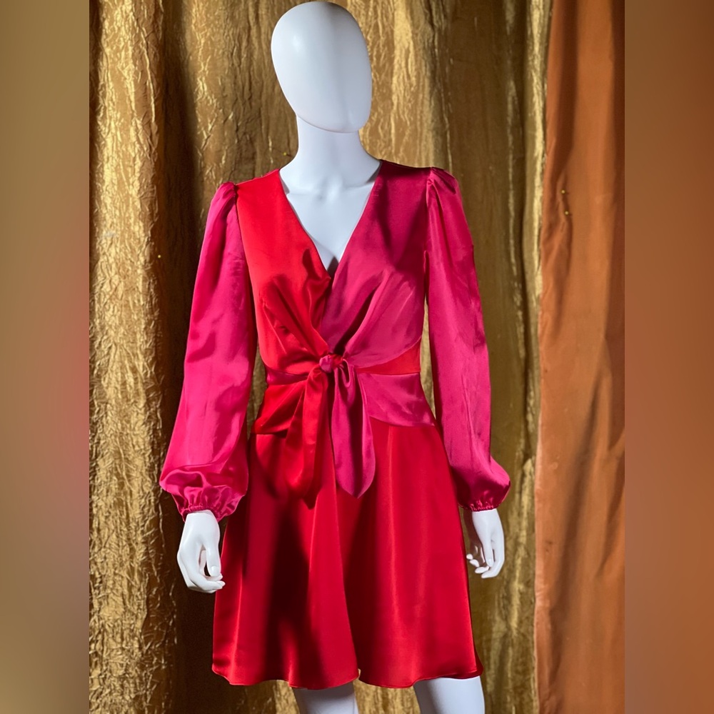 Milly Stella Bicolor Satin Tie dress in pink and real red size 4